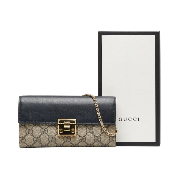 グッチ GGスプリーム チェーンウォレット 長財布 453506 ベージュ ブラック PVC レザー レディース GUCCI 【中古】