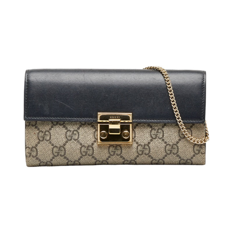 グッチ GGスプリーム チェーンウォレット 長財布 453506 ベージュ ブラック PVC レザー レディース GUCCI 【中古】