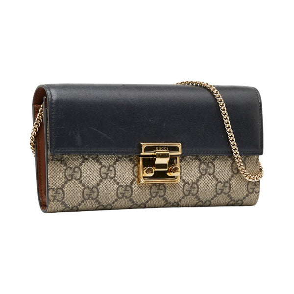 グッチ GGスプリーム チェーンウォレット 長財布 453506 ベージュ ブラック PVC レザー レディース GUCCI 【中古】