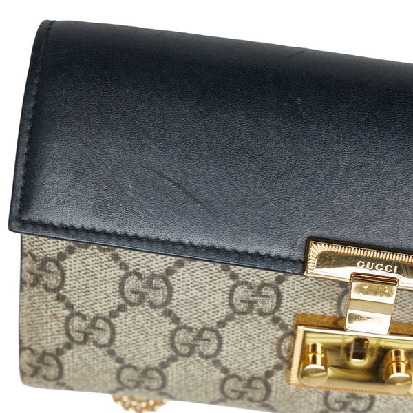 グッチ GGスプリーム チェーンウォレット 長財布 453506 ベージュ ブラック PVC レザー レディース GUCCI 【中古】