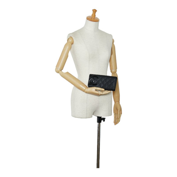 シャネル カンボンライン ココマーク 長財布 ブラック ピンク ラムスキン レディース CHANEL 【中古】