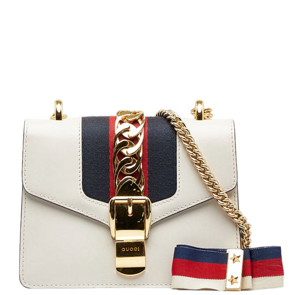 グッチ シェリーライン シルヴィ チェーン ショルダーバッグ  431666 ホワイト ゴールド レザー レディース GUCCI 【中古】