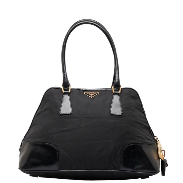プラダ 三角ロゴプレート ゴールド金具 ハンドバッグ ブラック ナイロン レザー レディース PRADA 【中古】