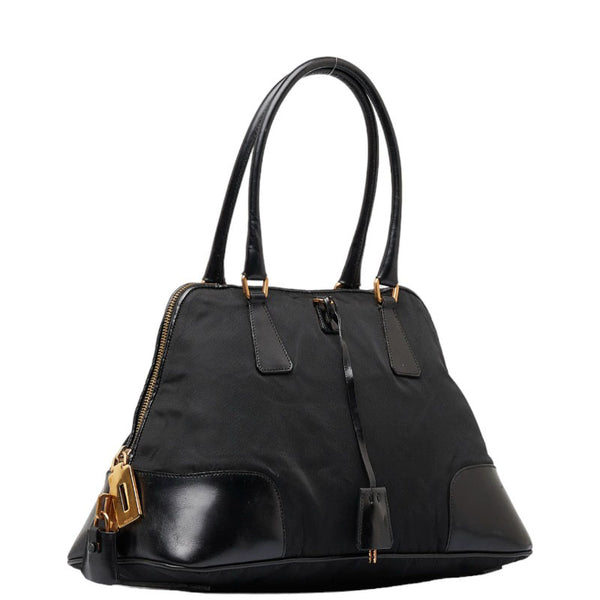 プラダ 三角ロゴプレート ゴールド金具 ハンドバッグ ブラック ナイロン レザー レディース PRADA 【中古】