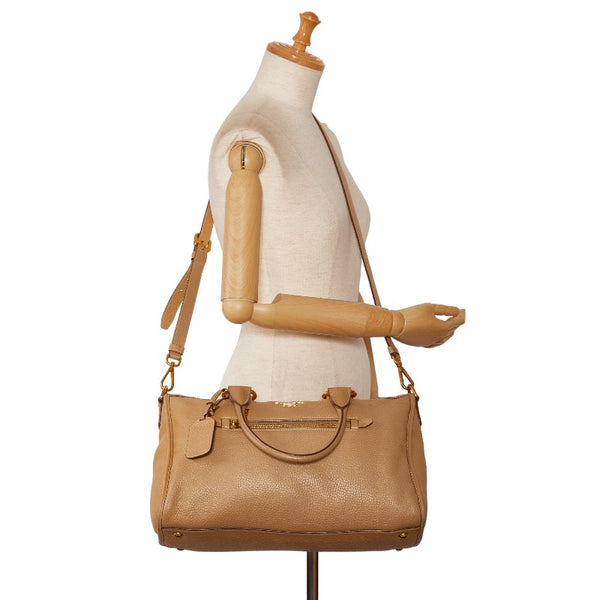 プラダ ロゴ ゴールド金具 ボストンバッグ ショルダーバッグ 2WAY ベージュ レザー レディース PRADA 【中古】
