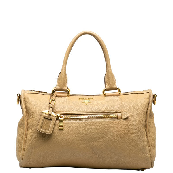 プラダ ロゴ ゴールド金具 ボストンバッグ ショルダーバッグ 2WAY ベージュ レザー レディース PRADA 【中古】