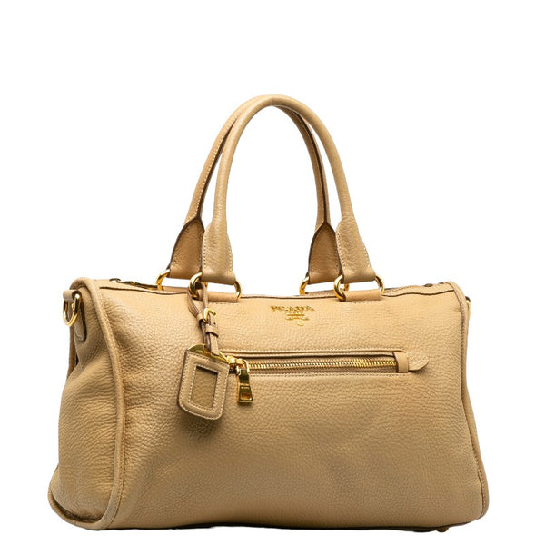 プラダ ロゴ ゴールド金具 ボストンバッグ ショルダーバッグ 2WAY ベージュ レザー レディース PRADA 【中古】