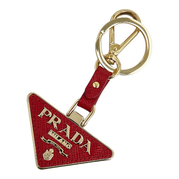 プラダ 三角プレート キーホルダー キーリング レッド ゴールド レザー メッキ レディース PRADA 【中古】
