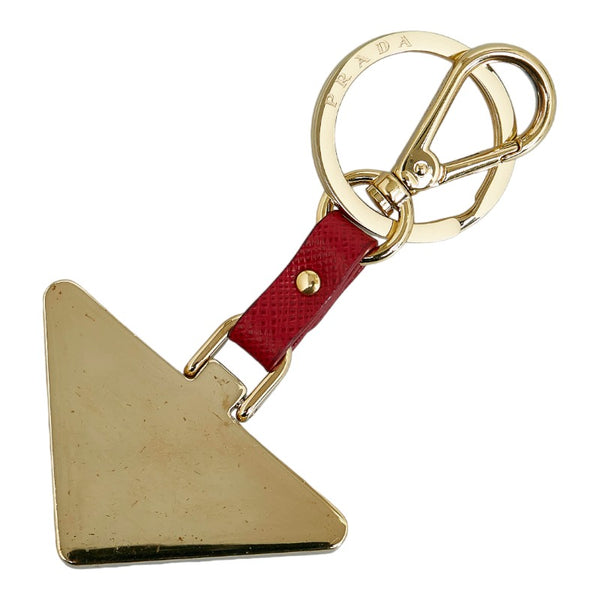 プラダ 三角プレート キーホルダー キーリング レッド ゴールド レザー メッキ レディース PRADA 【中古】