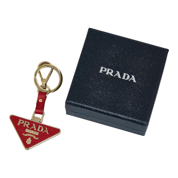 プラダ 三角プレート キーホルダー キーリング レッド ゴールド レザー メッキ レディース PRADA 【中古】