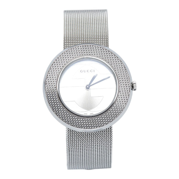 グッチ Uプレイ チェンジベゼル 腕時計 YA129.4 クオーツ シルバー文字盤 ステンレススチール レディース GUCCI 【中古】