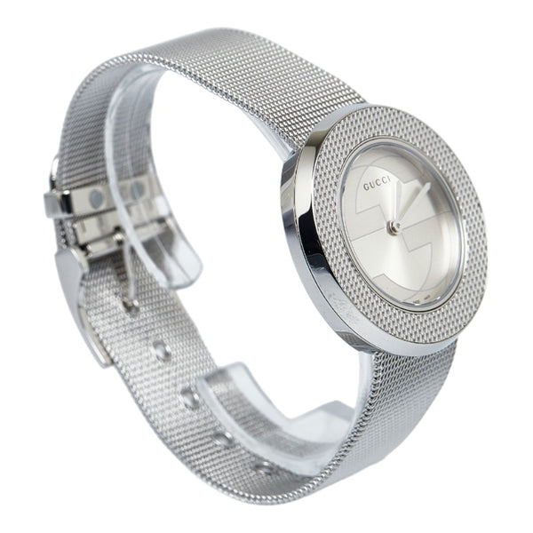 グッチ Uプレイ チェンジベゼル 腕時計 YA129.4 クオーツ シルバー文字盤 ステンレススチール レディース GUCCI 【中古】