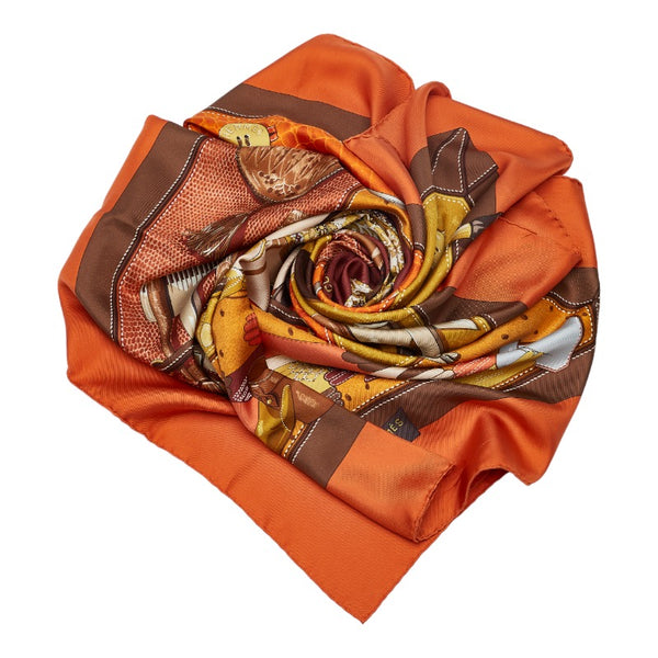 エルメス カレ90 TOUT CUIR すべて革 スカーフ オレンジ マルチカラー シルク レディース HERMES 【中古】