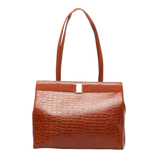 サルヴァトーレフェラガモ ヴァラリボン クロコ型押し ハンドバッグ トートバッグ BZ-21 2530 ブラウン レザー レディース Salvatore Ferragamo 【中古】