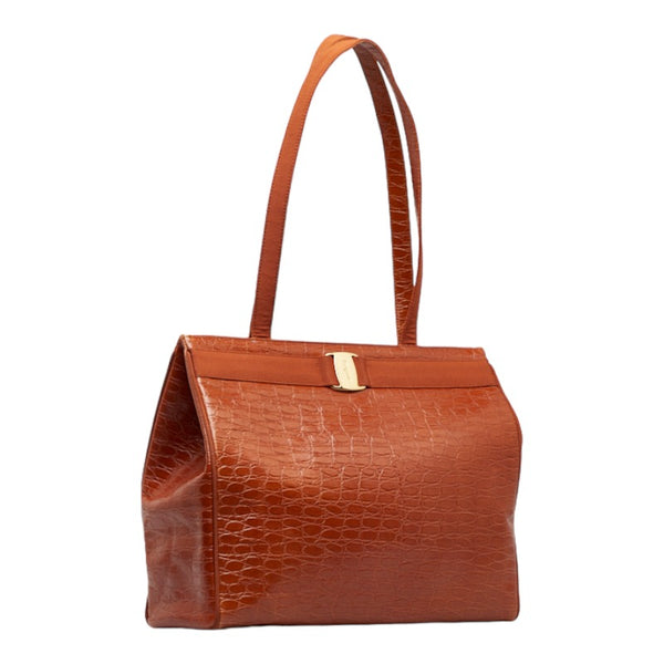 サルヴァトーレフェラガモ ヴァラリボン クロコ型押し ハンドバッグ トートバッグ BZ-21 2530 ブラウン レザー レディース Salvatore Ferragamo 【中古】