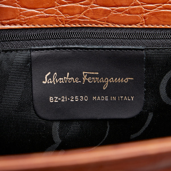 サルヴァトーレフェラガモ ヴァラリボン クロコ型押し ハンドバッグ トートバッグ BZ-21 2530 ブラウン レザー レディース Salvatore Ferragamo 【中古】