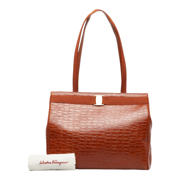 サルヴァトーレフェラガモ ヴァラリボン クロコ型押し ハンドバッグ トートバッグ BZ-21 2530 ブラウン レザー レディース Salvatore Ferragamo 【中古】