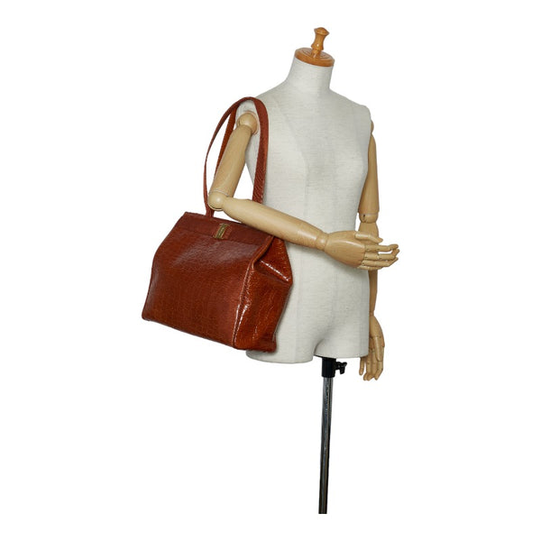 サルヴァトーレフェラガモ ヴァラリボン クロコ型押し ハンドバッグ トートバッグ BZ-21 2530 ブラウン レザー レディース Salvatore Ferragamo 【中古】