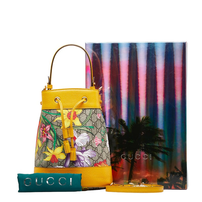 グッチ GGフローラ バケットバッグ ショルダーバッグ 2WAY 550621 イエロー ベージュ マルチカラー PVC レザー レディース GUCCI 【中古】
