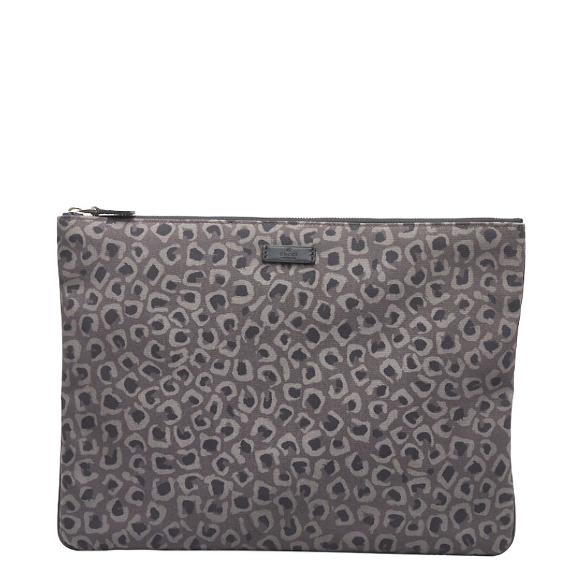 グッチ レオパード 豹柄 セカンドバッグ クラッチバッグ 353478 グレー ブラック キャンバス レザー レディース GUCCI 【中古】
