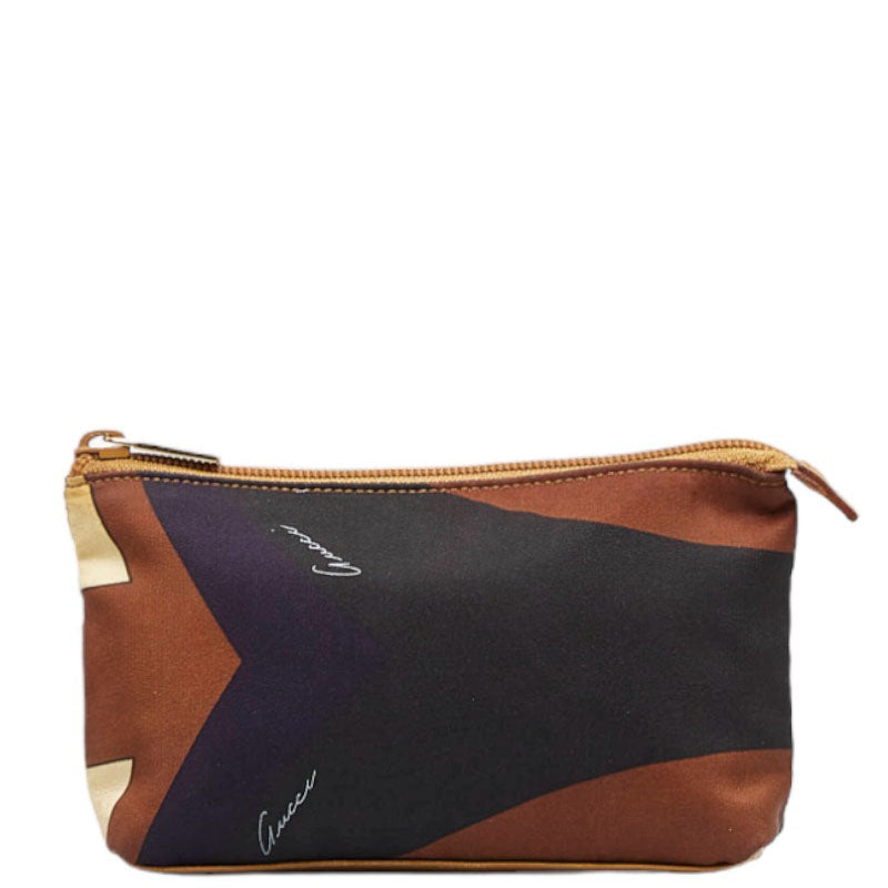 グッチ メイクポーチ アクセサリーポーチ 039 9851 ブラウン ブラック ナイロン レザー レディース GUCCI 【中古】