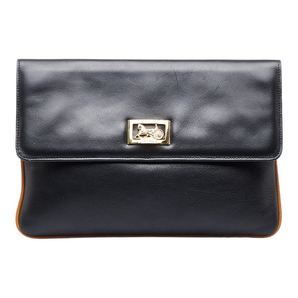 セリーヌ ヴィンテージ 馬車金具 クラッチバッグ ブラック レザー レディース CELINE 【中古】