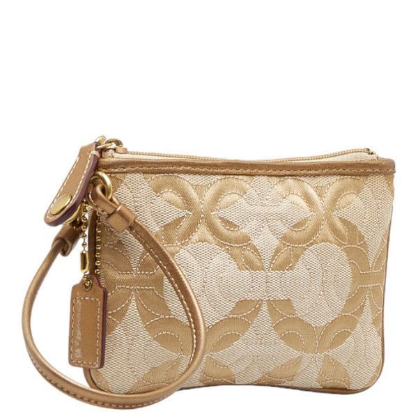 コーチ オプアート グラマシー アクセサリーポーチ ミニハンドバッグ ベージュ ブラウン キャンバス レザー レディース COACH 【中古】