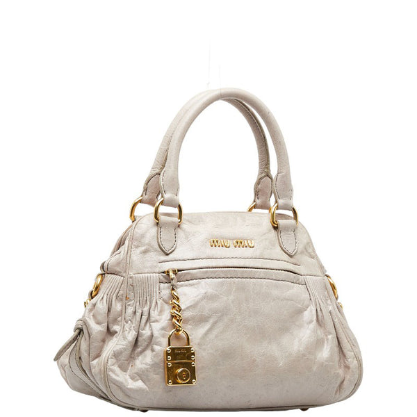 ミュウミュウ ナッパ キーチャーム ハンドバッグ ショルダーバッグ 2WAY RT0439 ライトグレー レザー レディース MIUMIU 【中古】
