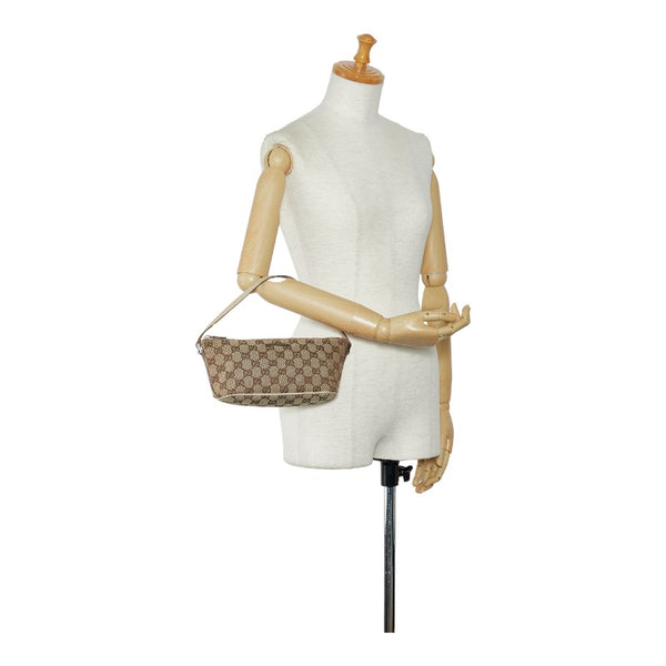 グッチ GGキャンバス アクセサリーポーチ ハンドバッグ 07198 ベージュ ブラウン キャンバス レザー レディース GUCCI 【中古】