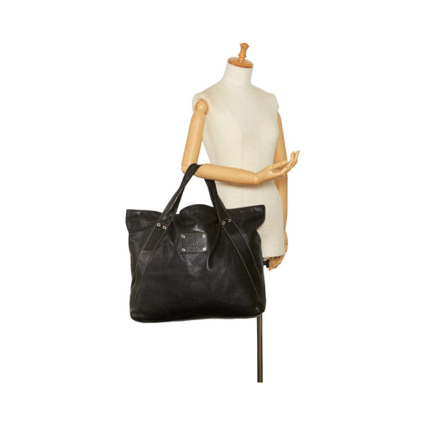 グッチ ロゴ プレート ステッチ ハンドバッグ トートバッグ 211126 ブラック レザー メンズ GUCCI 【中古】