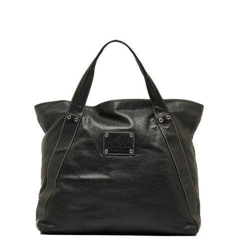 グッチ ロゴ プレート ステッチ ハンドバッグ トートバッグ 211126 ブラック レザー メンズ GUCCI 【中古】