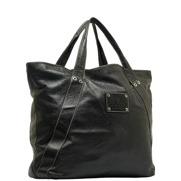 グッチ ロゴ プレート ステッチ ハンドバッグ トートバッグ 211126 ブラック レザー メンズ GUCCI 【中古】