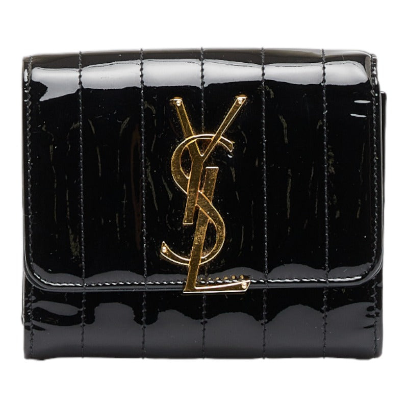 サンローラン ヴィッキー 三つ折り財布 コンパクトウォレット ブラック エナメル レディース SAINT LAURENT 【中古】