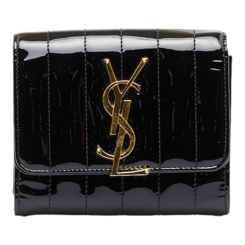 サンローラン ヴィッキー 三つ折り財布 コンパクトウォレット ブラック エナメル レディース SAINT LAURENT 【中古】