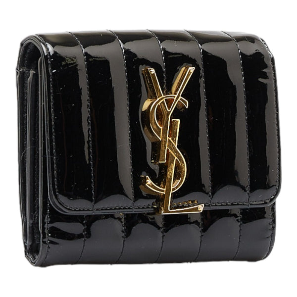 サンローラン ヴィッキー 三つ折り財布 コンパクトウォレット ブラック エナメル レディース SAINT LAURENT 【中古】