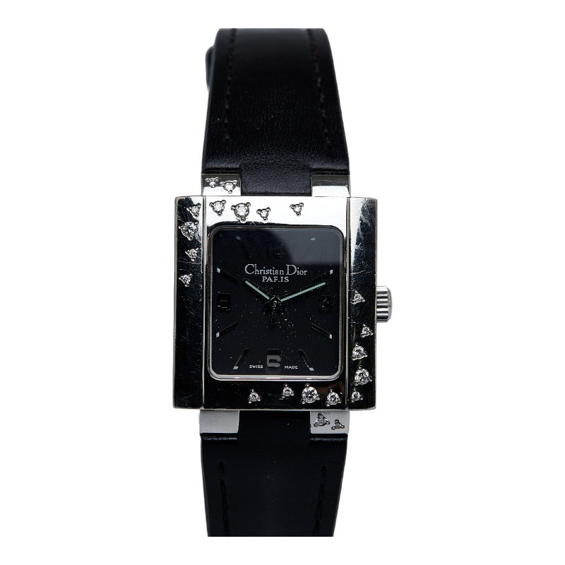 クリスチャンディオール リヴァ ダイヤベゼル 腕時計 D98-1014 クオーツ ブラック文字盤 ステンレススチール レディース Christian Dior 【中古】