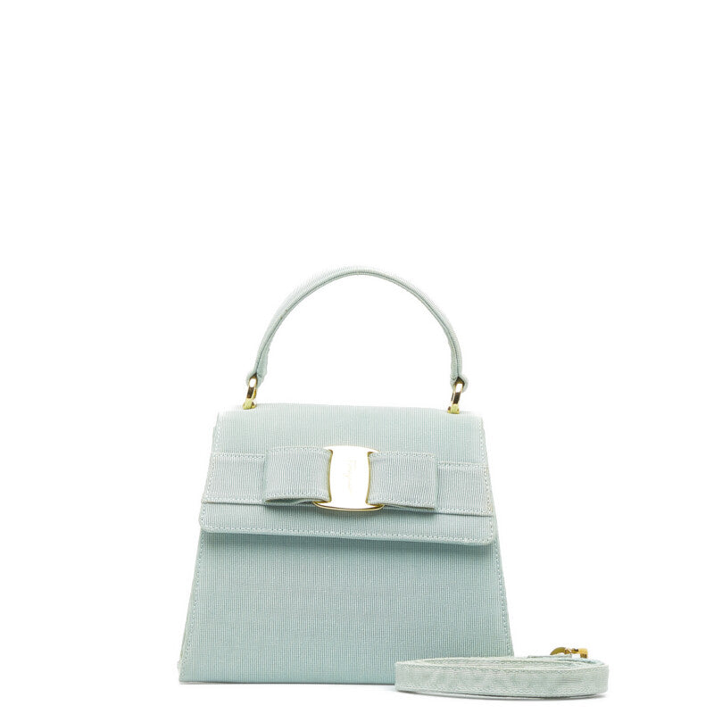 サルヴァトーレフェラガモ ヴァラ リボン ハンドバッグ ショルダーバッグ 2WAY AT-21 5677 エメラルドグリーン キャンバス レディース Salvatore Ferragamo 【中古】