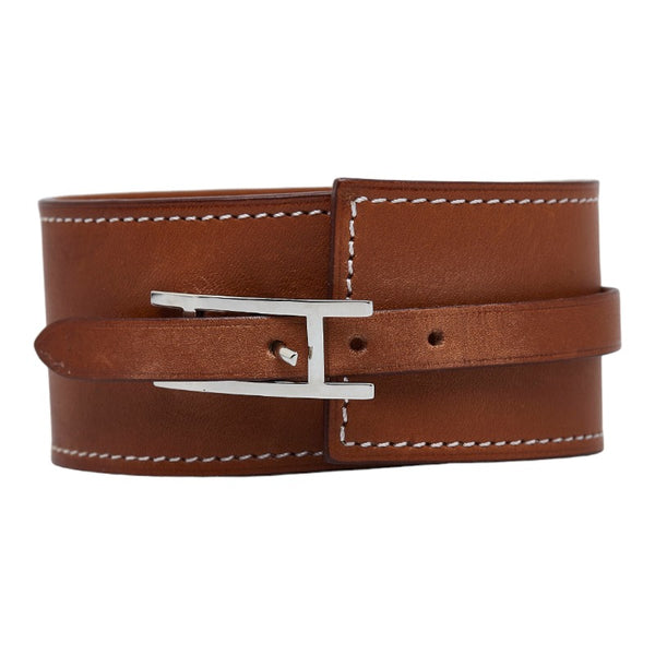 エルメス H金具 ステッチ バングル ブレスレット ブラウン シルバー レザー レディース HERMES 【中古】