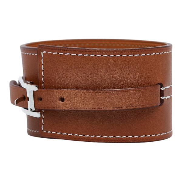 エルメス H金具 ステッチ バングル ブレスレット ブラウン シルバー レザー レディース HERMES 【中古】