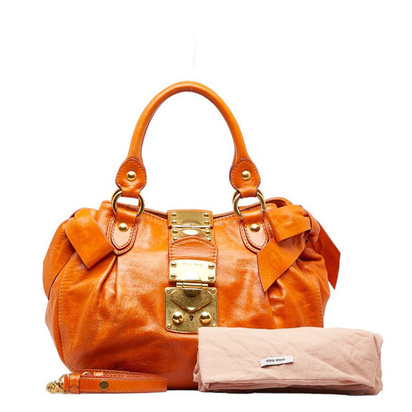 ミュウミュウ リボン ハンドバッグ ショルダーバッグ 2WAY オレンジ レザー レディース MIUMIU 【中古】