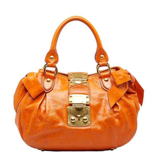 ミュウミュウ リボン ハンドバッグ ショルダーバッグ 2WAY オレンジ レザー レディース MIUMIU 【中古】