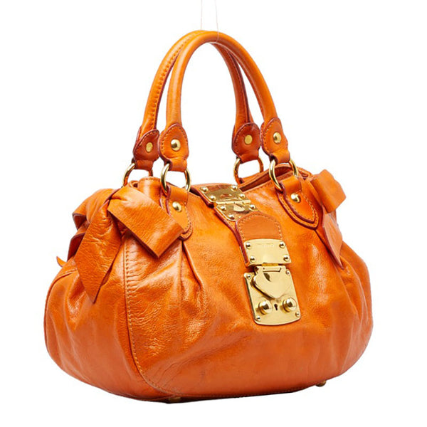 ミュウミュウ リボン ハンドバッグ ショルダーバッグ 2WAY オレンジ レザー レディース MIUMIU 【中古】