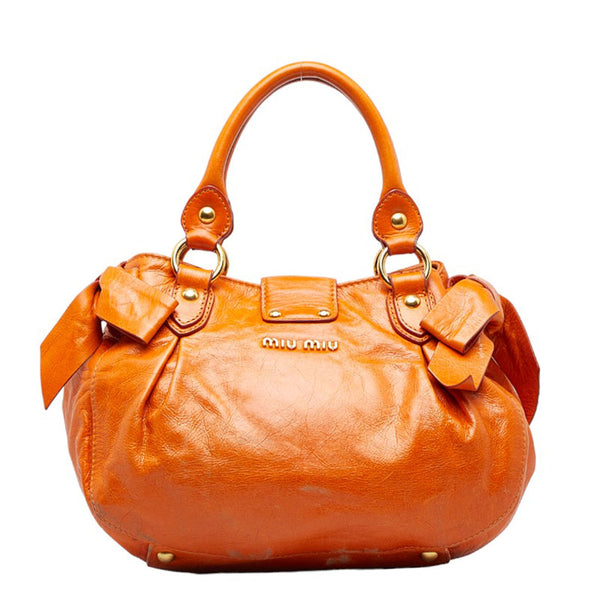 ミュウミュウ リボン ハンドバッグ ショルダーバッグ 2WAY オレンジ レザー レディース MIUMIU 【中古】