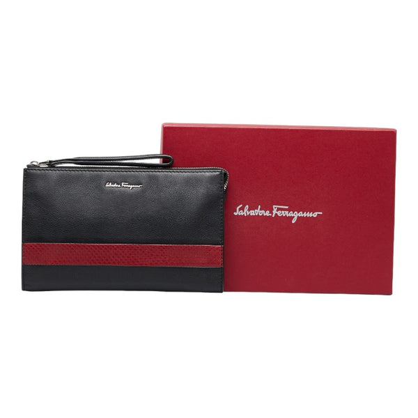 サルヴァトーレフェラガモ クラッチバッグ セカンドバッグ ブラック レッド レザー パイソン メンズ Salvatore Ferragamo 【中古】