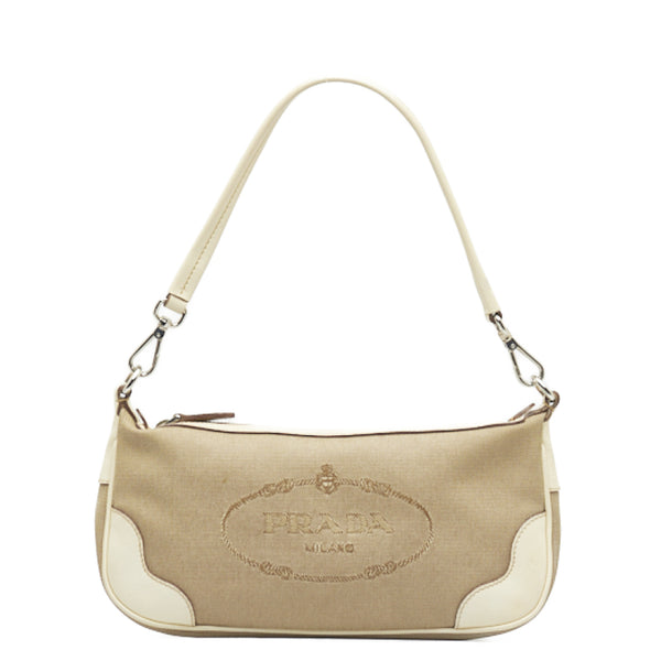 プラダ ロゴジャガード ワンショルダーバッグ ベージュ ホワイト キャンバス レザー レディース PRADA 【中古】