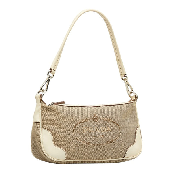 プラダ ロゴジャガード ワンショルダーバッグ ベージュ ホワイト キャンバス レザー レディース PRADA 【中古】