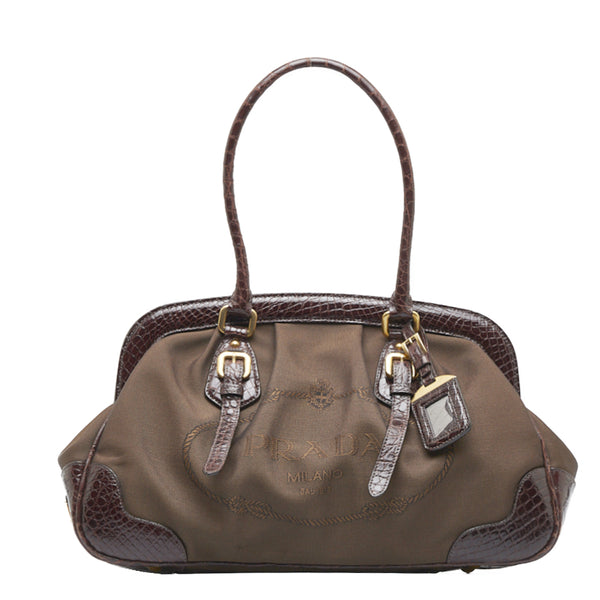 プラダ ロゴジャガード クロコ型押し ハンドバッグ トートバッグ ブラウン キャンバス レザー レディース PRADA 【中古】