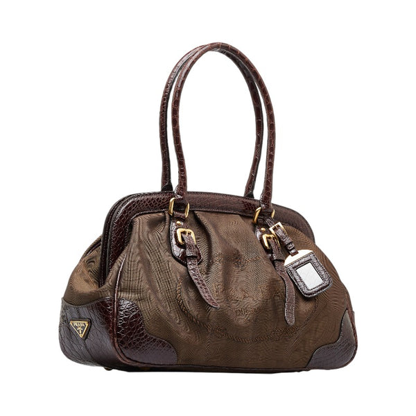 プラダ ロゴジャガード クロコ型押し ハンドバッグ トートバッグ ブラウン キャンバス レザー レディース PRADA 【中古】