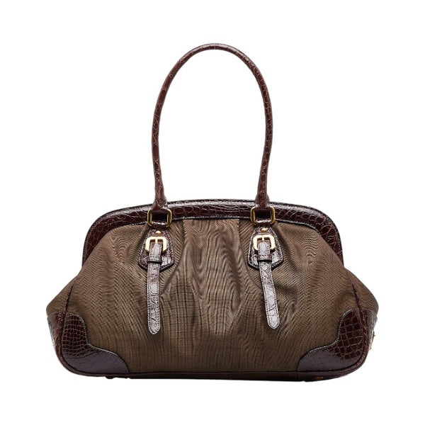 プラダ ロゴジャガード クロコ型押し ハンドバッグ トートバッグ ブラウン キャンバス レザー レディース PRADA 【中古】