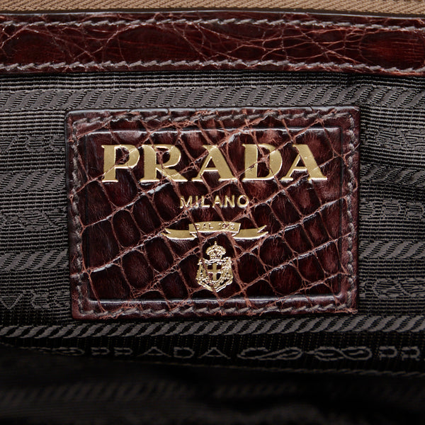 プラダ ロゴジャガード クロコ型押し ハンドバッグ トートバッグ ブラウン キャンバス レザー レディース PRADA 【中古】